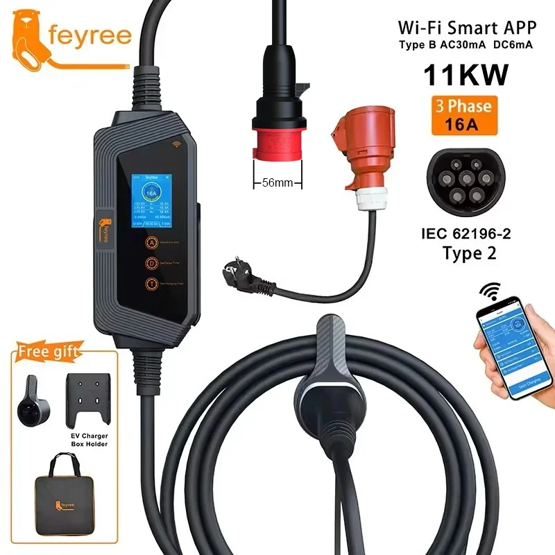 Type 2 Portable Ev Charger 11Kw Cee - Caricatore EV Portatile Feyree 11KW 16A