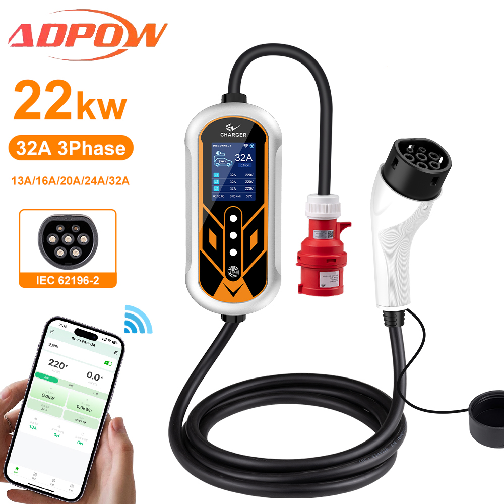 Ev Charger Type 2 22Kw 32A 3 Phase - ADPOW Caricabatterie portatili 32A Type2 EV